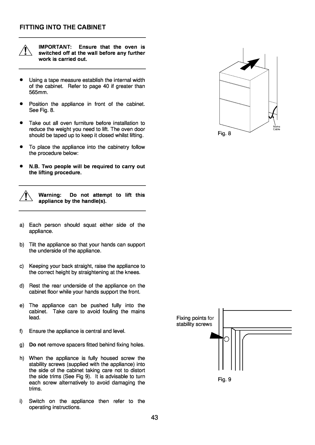 Electrolux D4101-5 manual Fitting Into The Cabinet, N.B. Two people will be required to carry out the lifting procedure 