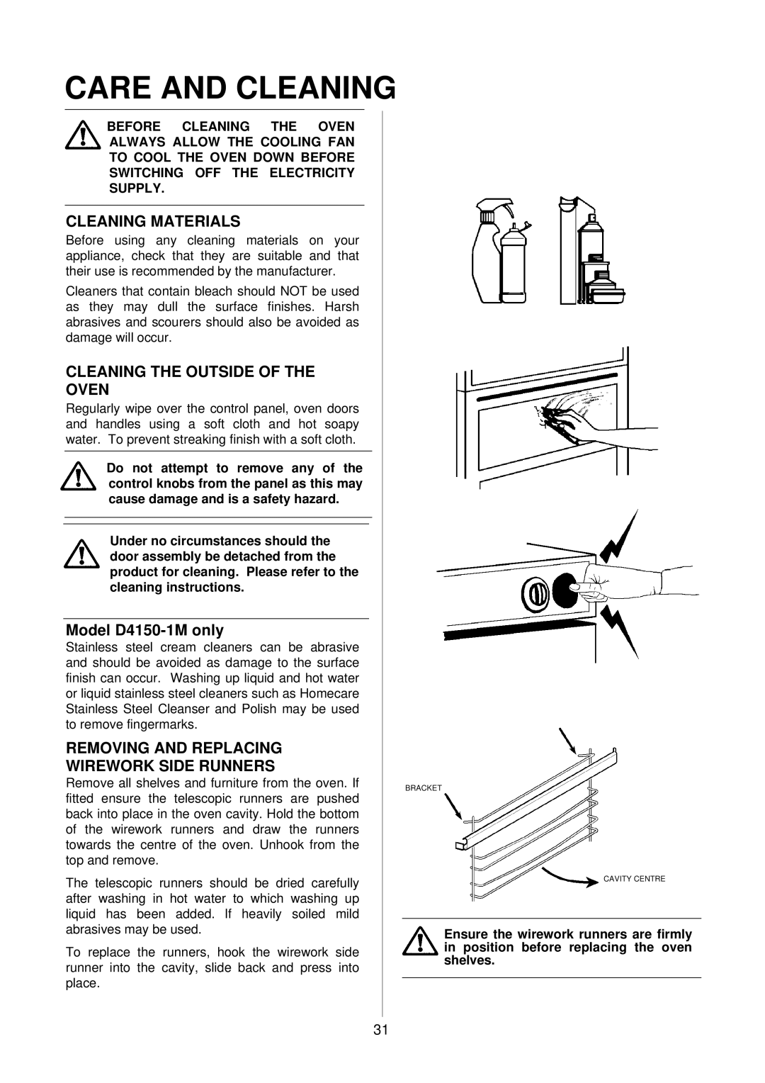 Electrolux D4150-1 manual Care and Cleaning, Cleaning Materials, Cleaning the Outside of the Oven 