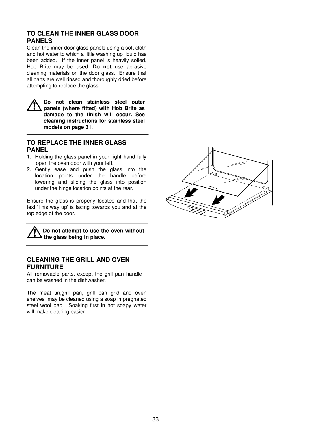 Electrolux D4150-1 manual To Clean the Inner Glass Door Panels, To Replace the Inner Glass Panel 