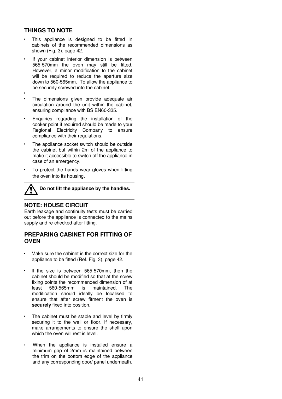 Electrolux D4150-1 manual Preparing Cabinet for Fitting of Oven, Do not lift the appliance by the handles 