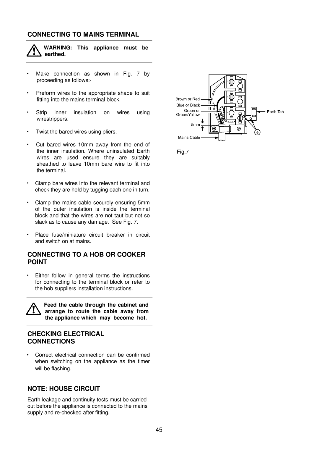 Electrolux D4150-1 Connecting to Mains Terminal, Connecting to a HOB or Cooker Point, Checking Electrical Connections 