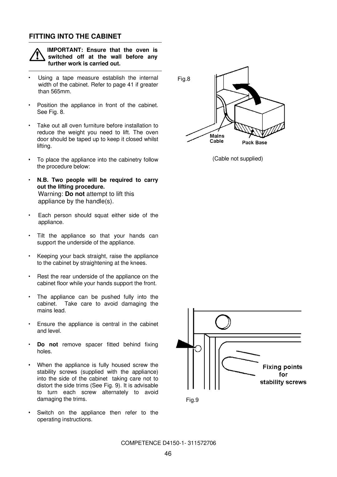 Electrolux D4150-1 manual Fitting Into the Cabinet 