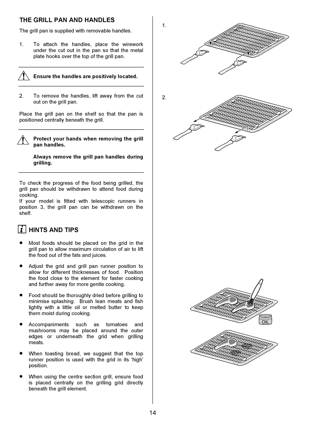 Electrolux D5701-4 manual Grill PAN and Handles, Hints and Tips, Ensure the handles are positively located 