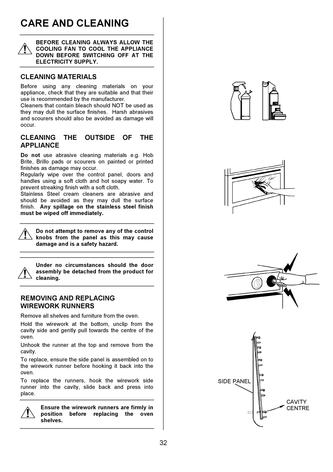 Electrolux D5701-4 Care and Cleaning, Cleaning Materials, Cleaning the Outside of the Appliance, Side Panel Cavity Centre 