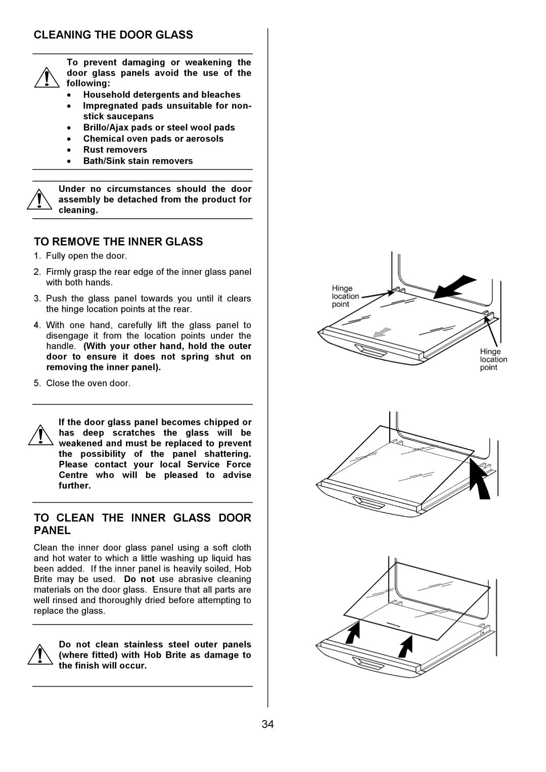 Electrolux D5701-4 manual Cleaning the Door Glass, To Remove the Inner Glass, To Clean the Inner Glass Door Panel 