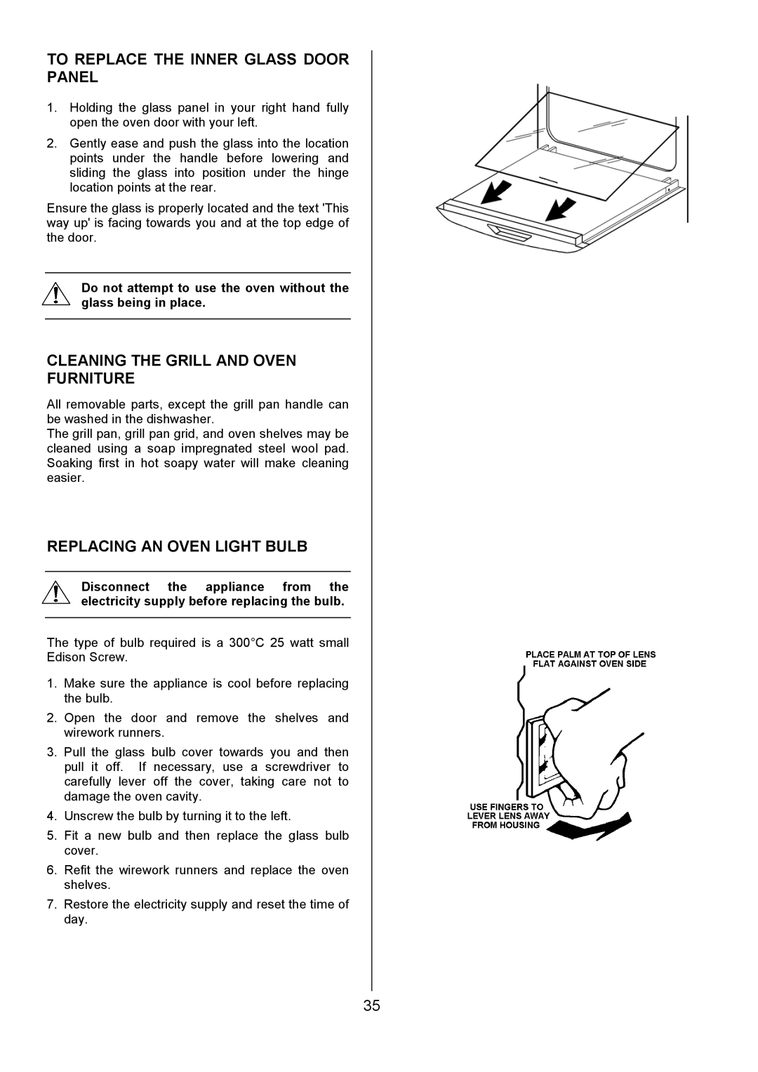 Electrolux D5701-4 manual To Replace the Inner Glass Door Panel, Cleaning the Grill and Oven Furniture 