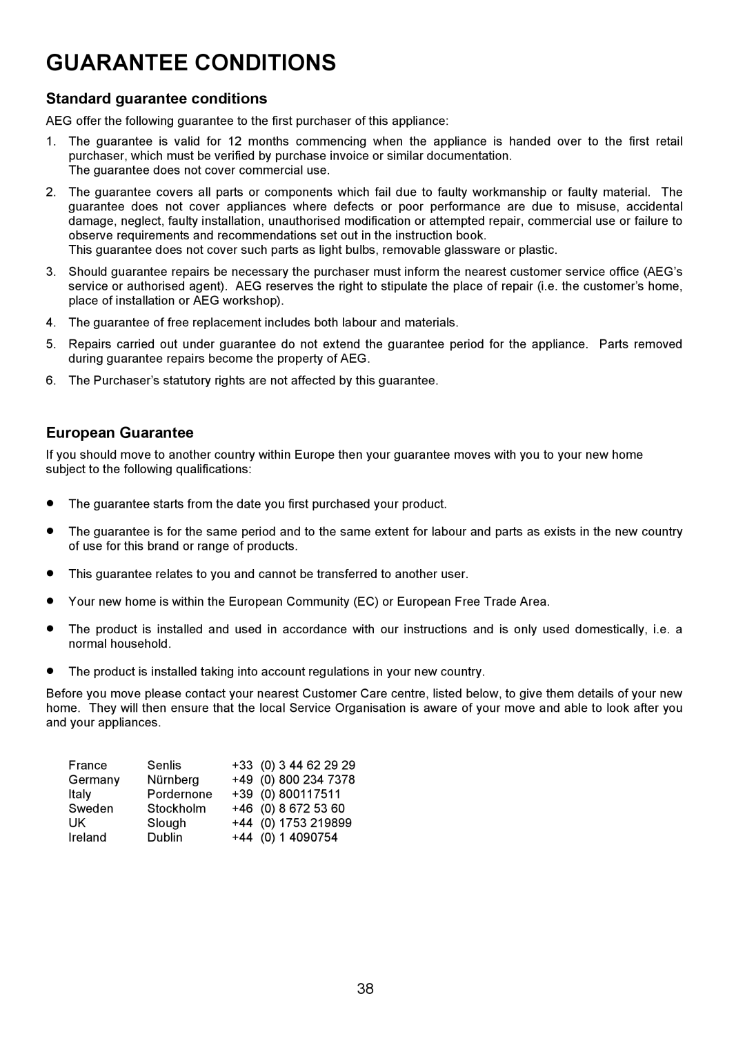 Electrolux D5701-4 manual Guarantee Conditions, Standard guarantee conditions 