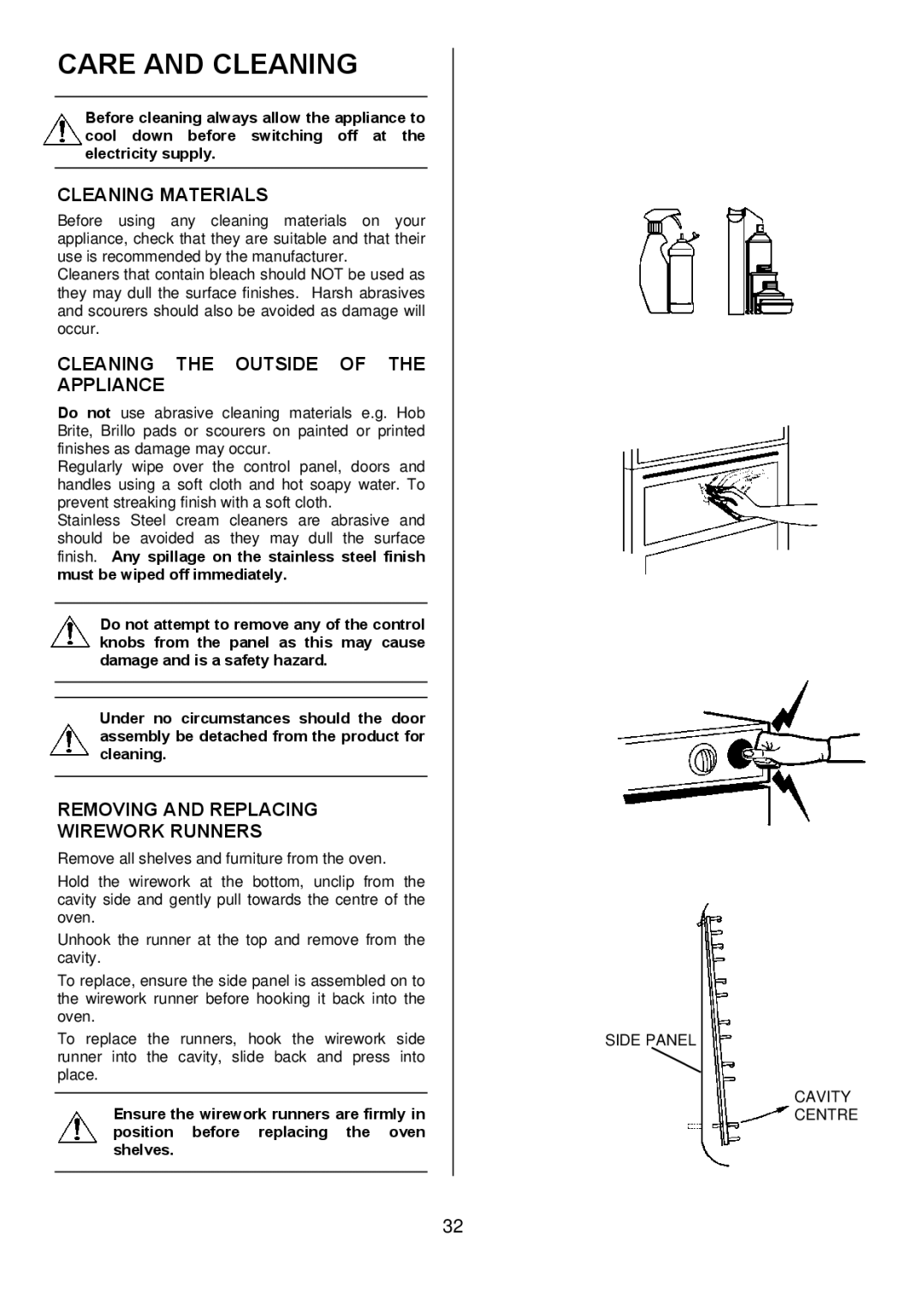 Electrolux D5701-5 Care and Cleaning, Cleaning Materials, Cleaning the Outside of the Appliance, Side Panel Cavity Centre 