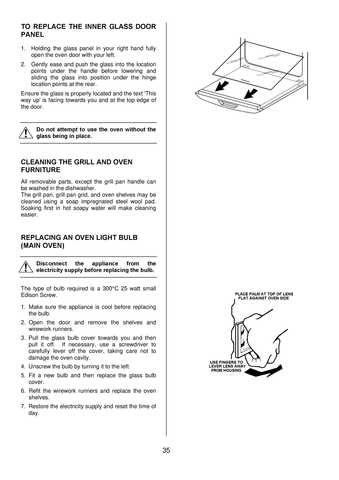 Electrolux D5701-5 manual To Replace the Inner Glass Door Panel, Cleaning the Grill and Oven Furniture 