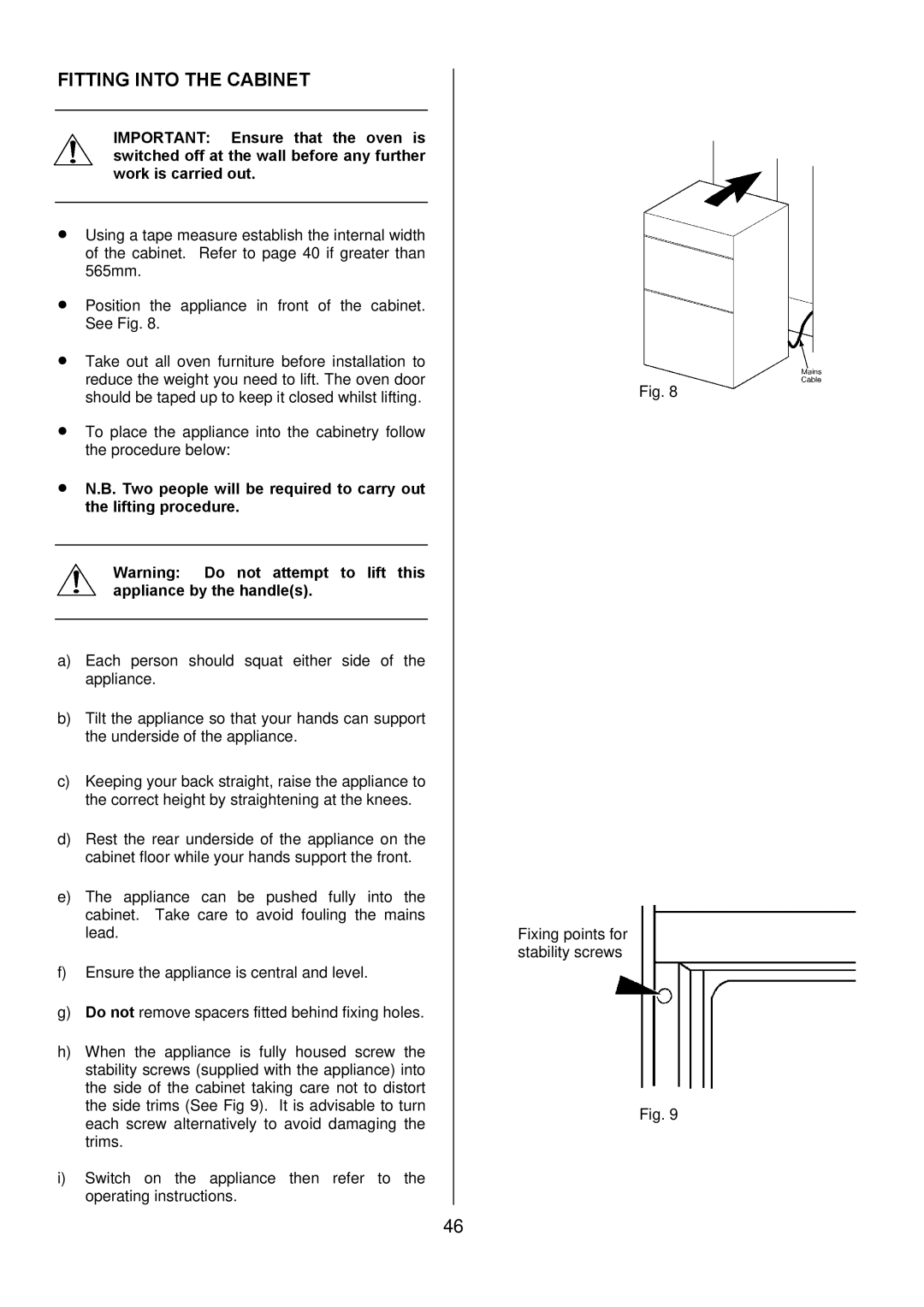 Electrolux D5701-5 manual Fitting Into the Cabinet 