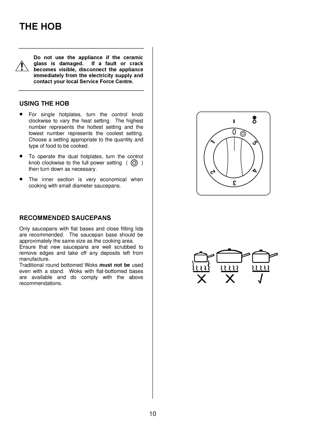 Electrolux D67000VF manual Hob, Using the HOB, Recommended Saucepans 