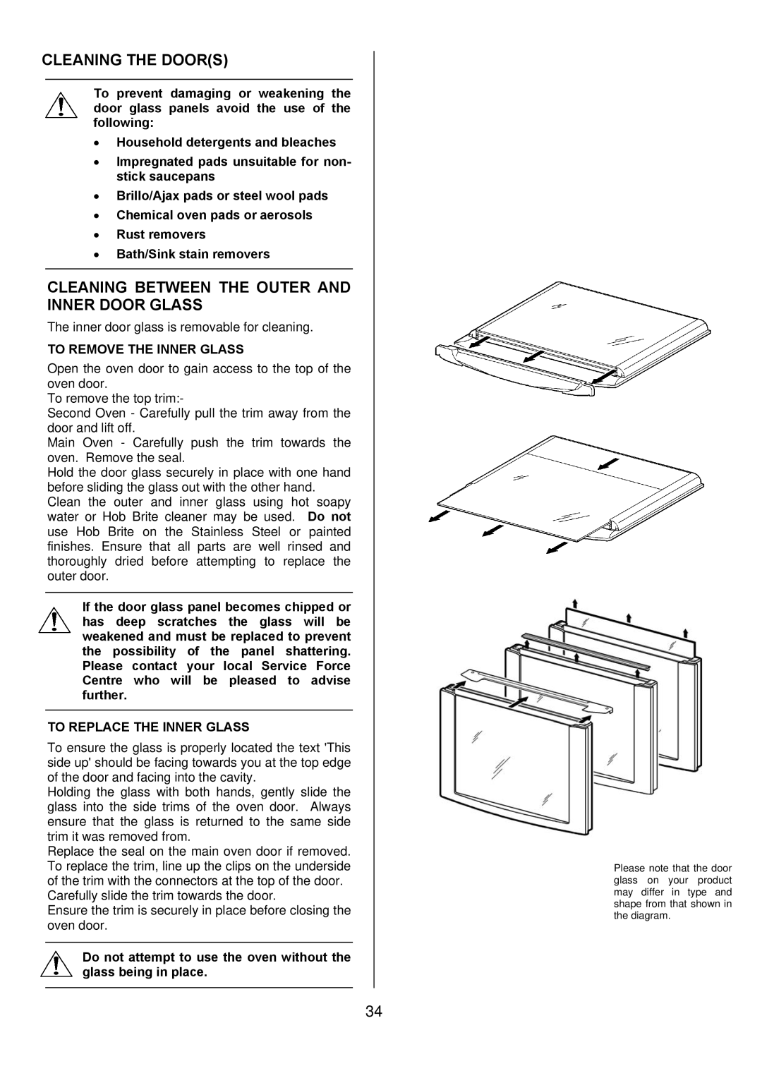 Electrolux D67000VF manual Cleaning the Doors, Cleaning Between the Outer and Inner Door Glass 