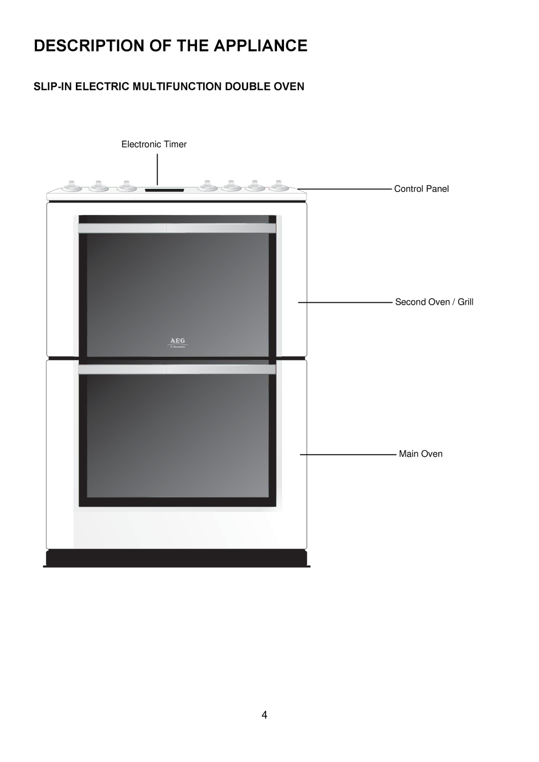 Electrolux D67000VF manual Description of the Appliance, SLIP-IN Electric Multifunction Double Oven 