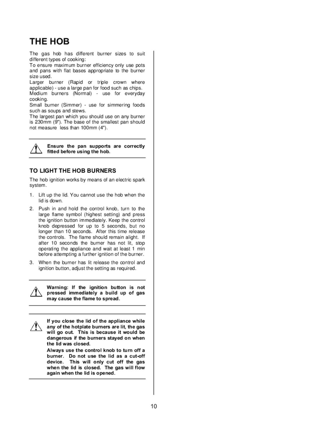 Electrolux D77000 user manual Hob, To Light the HOB Burners 