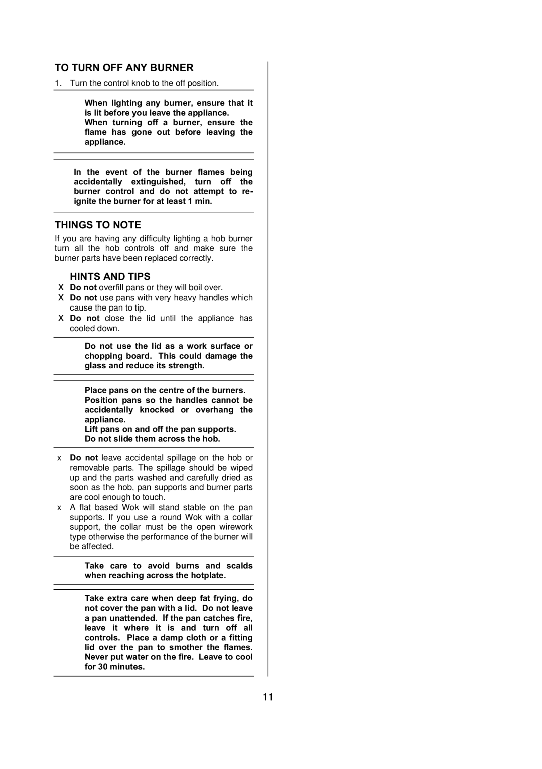 Electrolux D77000 user manual To Turn OFF ANY Burner, Hints and Tips 