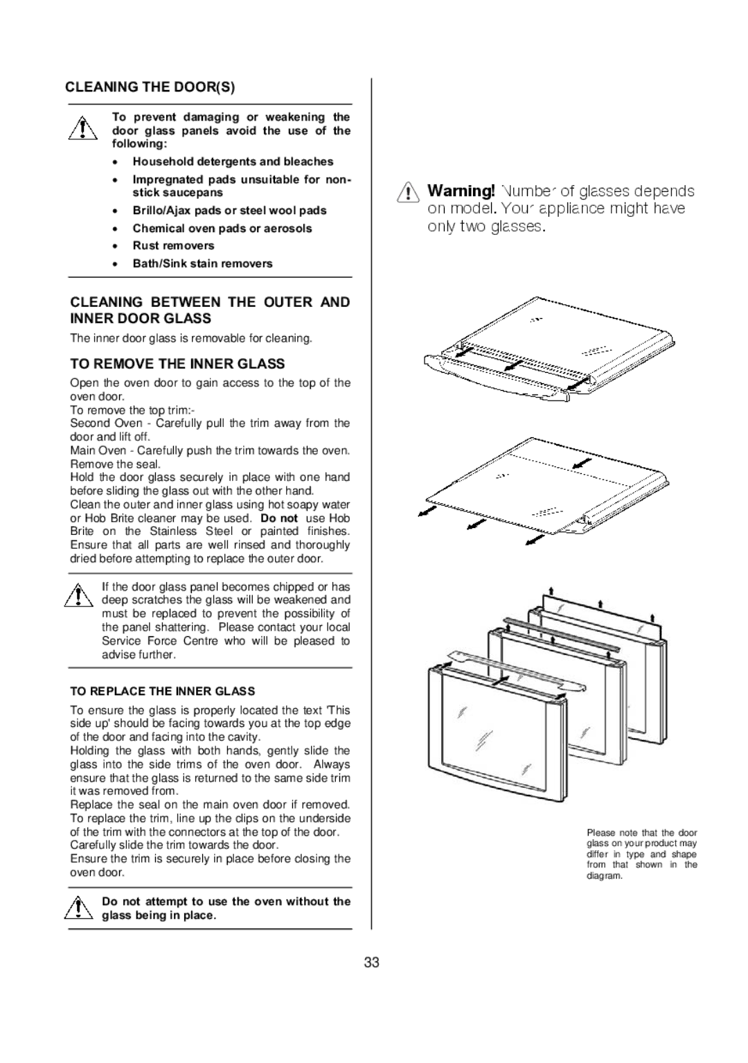 Electrolux D77000 Cleaning the Doors, Cleaning Between the Outer and Inner Door Glass, To Remove the Inner Glass 