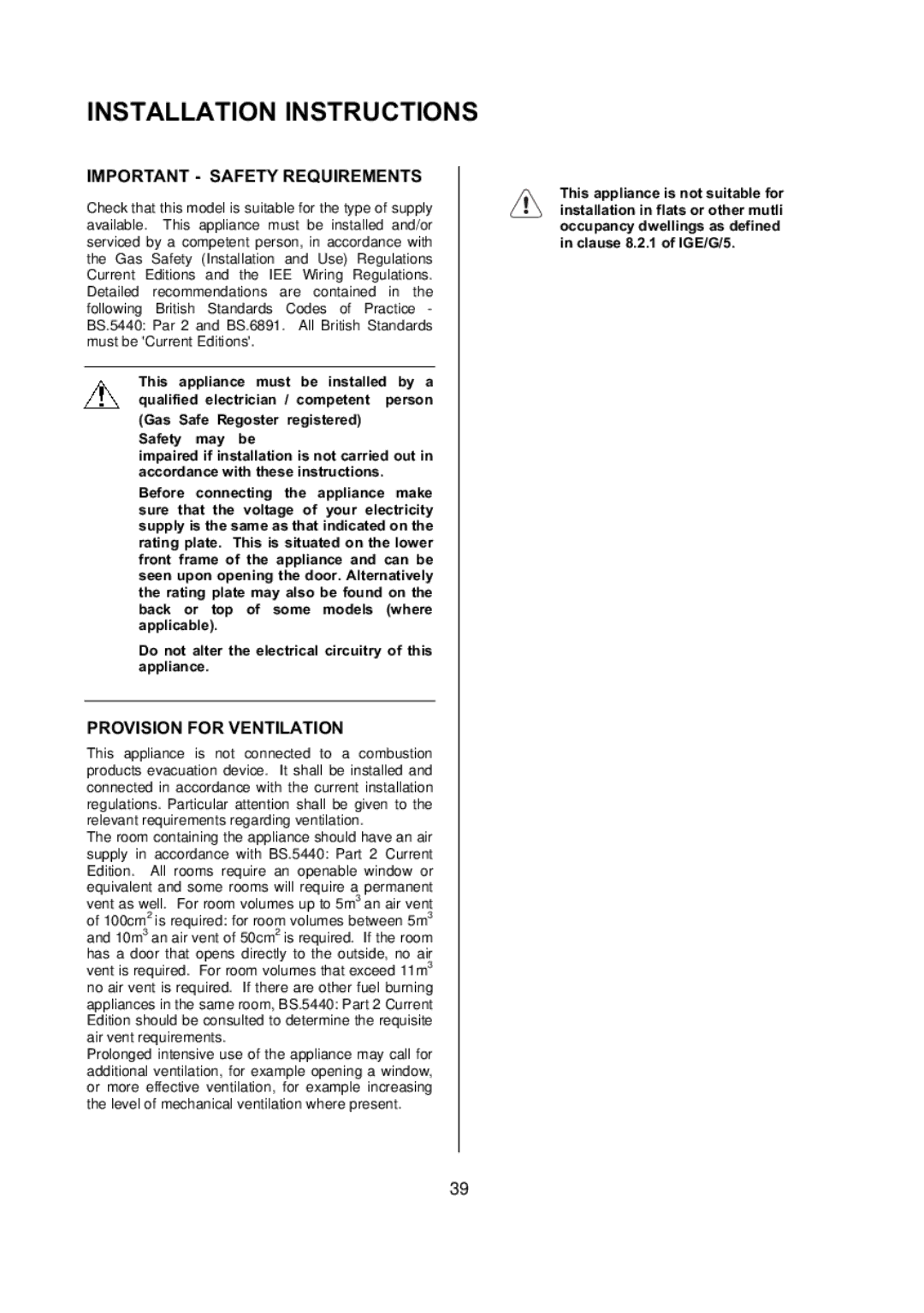 Electrolux D77000 user manual Installation Instructions, Important Safety Requirements, Provision for Ventilation 