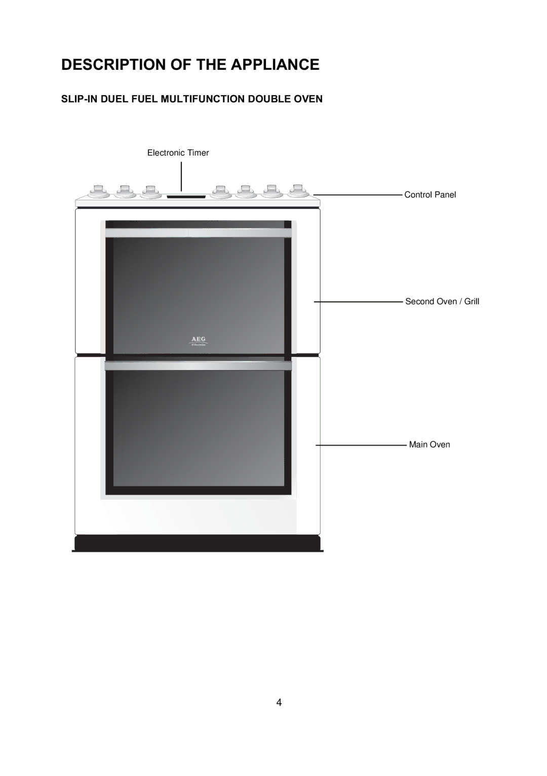 Electrolux D77000 user manual Description of the Appliance, SLIP-IN Duel Fuel Multifunction Double Oven 