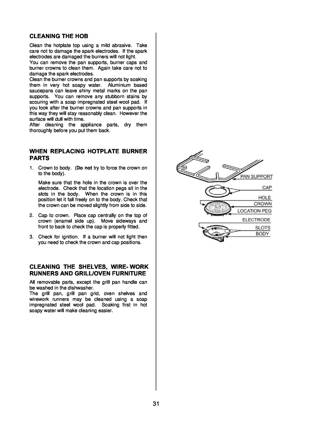 Electrolux D77000 user manual Cleaning The Hob, When Replacing Hotplate Burner Parts 