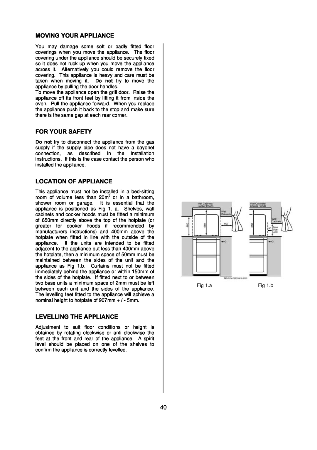 Electrolux D77000 user manual Moving Your Appliance, For Your Safety, Location Of Appliance, Levelling The Appliance 