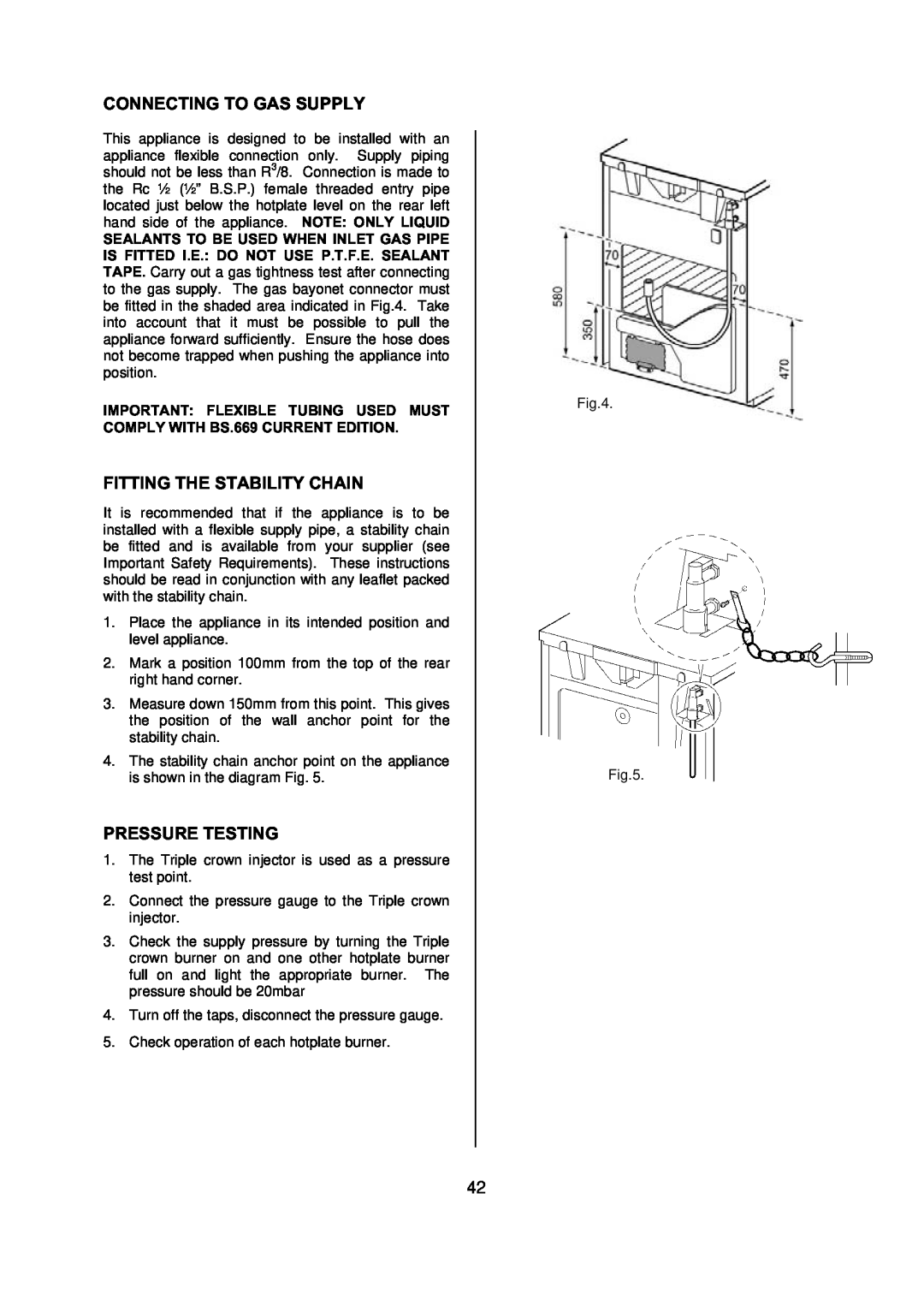 Electrolux D77000 user manual Connecting To Gas Supply, Fitting The Stability Chain, Pressure Testing 