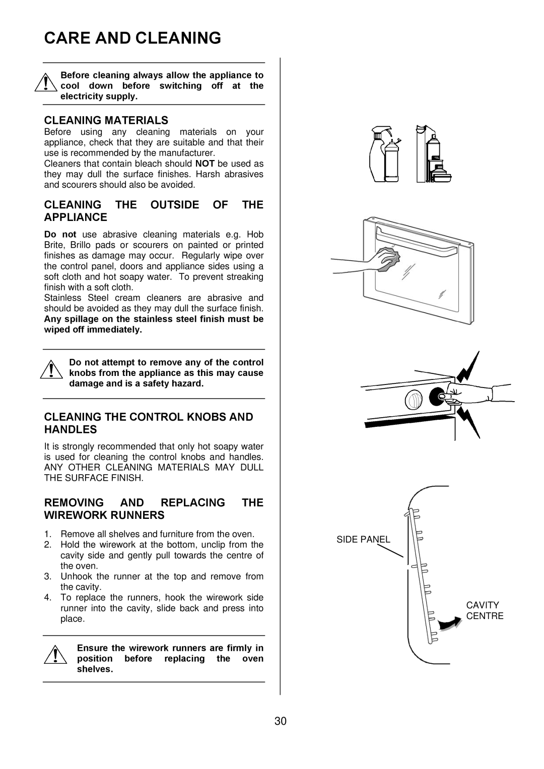 Electrolux D77000GF operating instructions Care and Cleaning, Cleaning Materials, Cleaning the Outside of the Appliance 