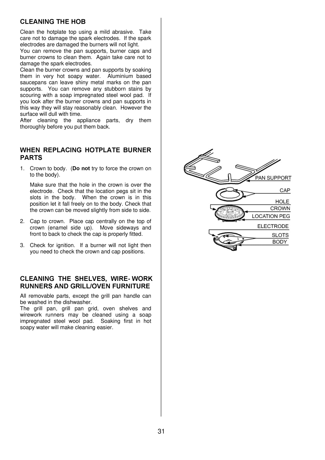 Electrolux D77000GF operating instructions Cleaning the HOB, When Replacing Hotplate Burner Parts 