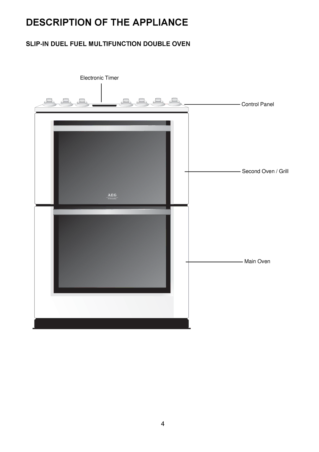 Electrolux D77000GF operating instructions Description of the Appliance, SLIP-IN Duel Fuel Multifunction Double Oven 