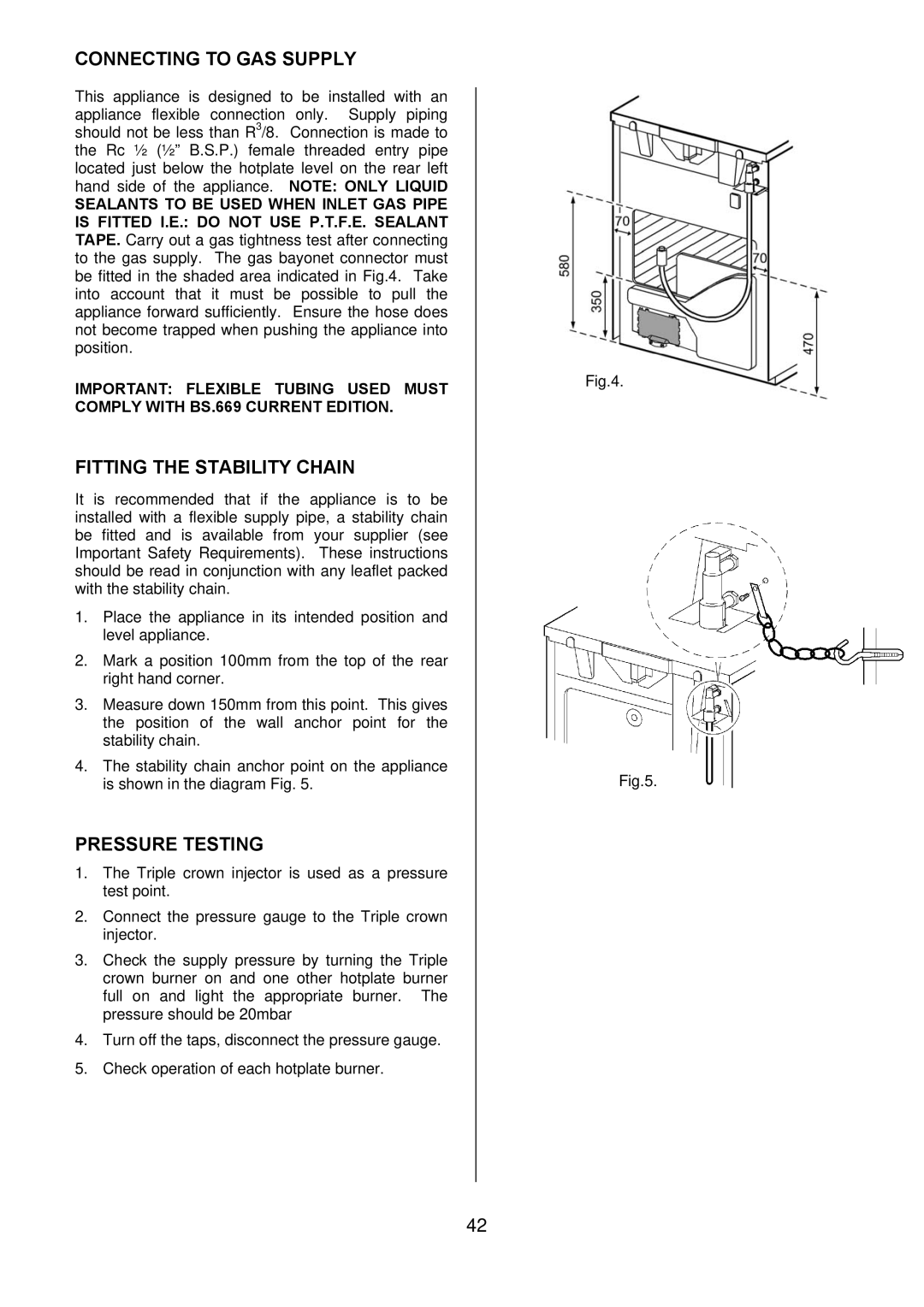 Electrolux D77000GF operating instructions Connecting to GAS Supply, Fitting the Stability Chain, Pressure Testing 