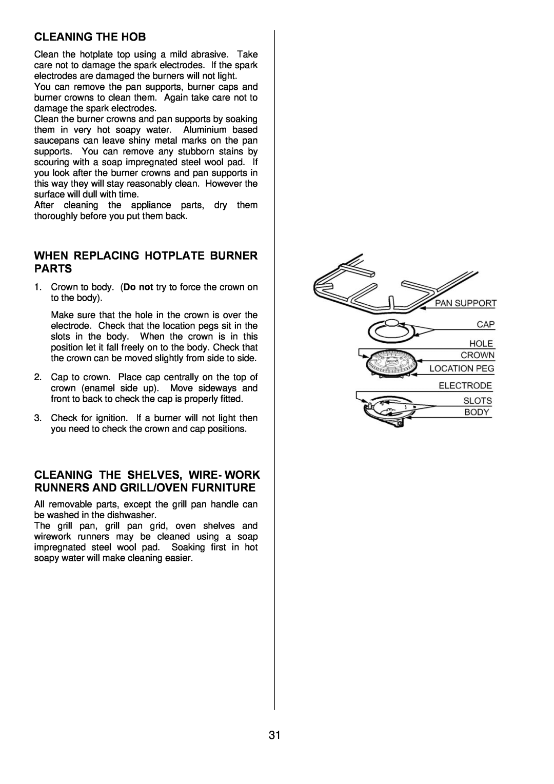 Electrolux D77000GF operating instructions Cleaning The Hob, When Replacing Hotplate Burner Parts 