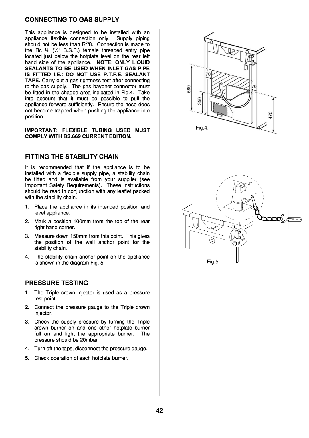 Electrolux D77000GF operating instructions Connecting To Gas Supply, Fitting The Stability Chain, Pressure Testing 