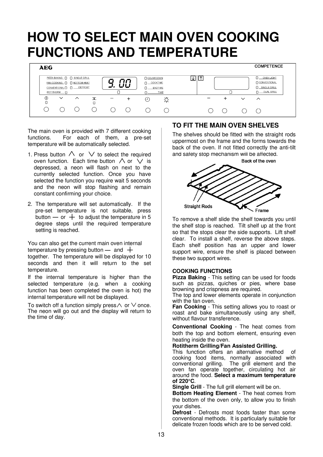 Electrolux D8100-1 HOW to Select Main Oven Cooking Functions and Temperature, To FIT the Main Oven Shelves 