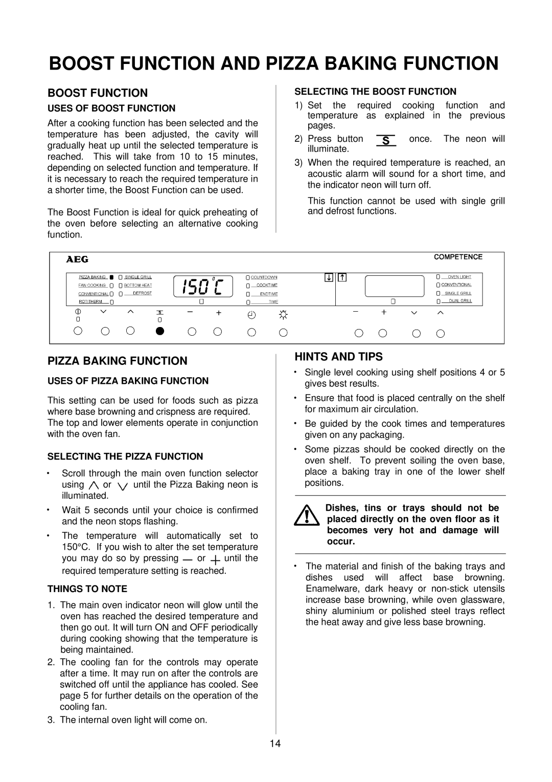 Electrolux D8100-1 operating instructions Boost Function, Pizza Baking Function, Hints and Tips 