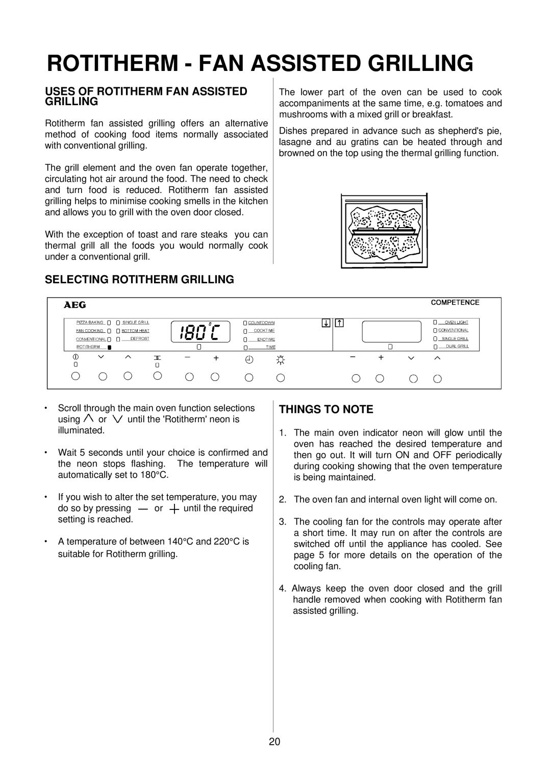 Electrolux D8100-1 operating instructions Uses of Rotitherm FAN Assisted Grilling, Selecting Rotitherm Grilling 