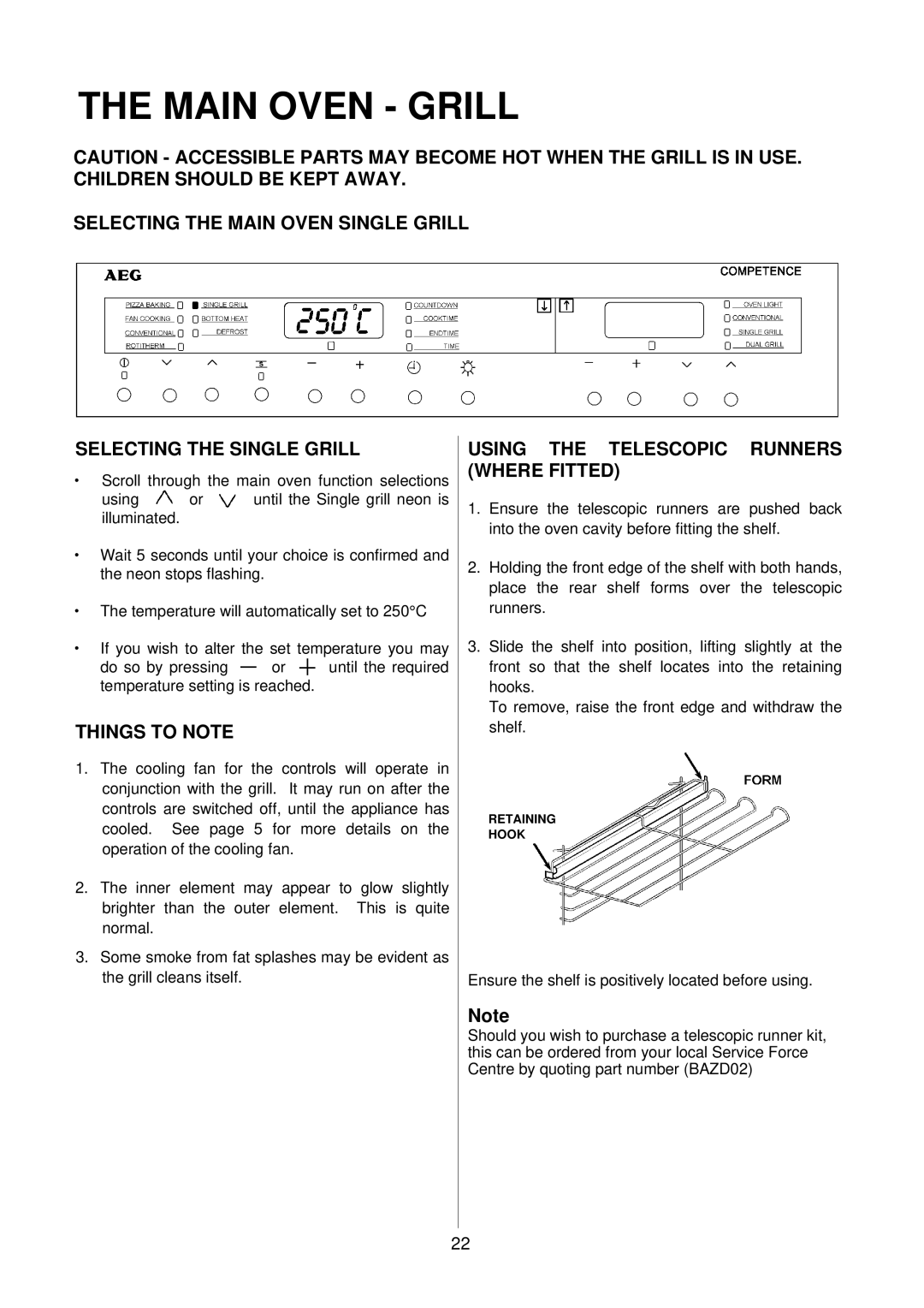 Electrolux D8100-1 operating instructions Main Oven Grill, Using the Telescopic Runners Where Fitted 