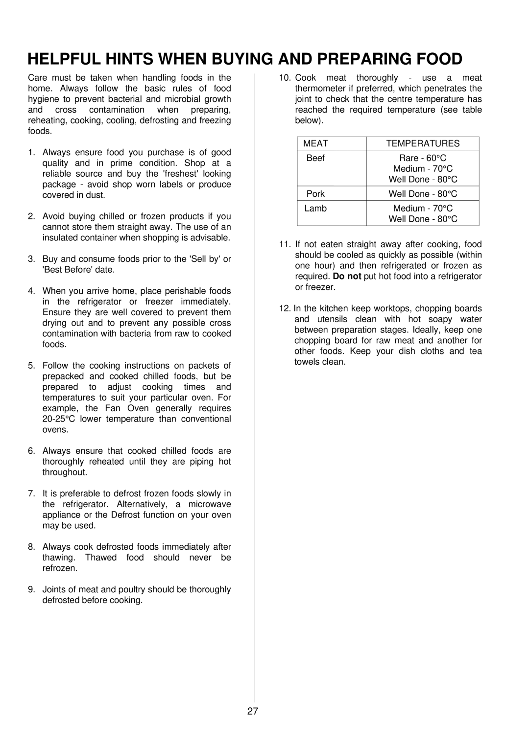 Electrolux D8100-1 operating instructions Helpful Hints When Buying and Preparing Food, Meat Temperatures 