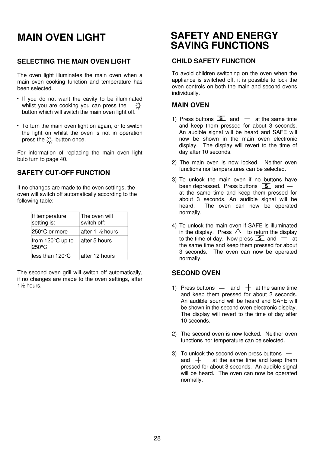 Electrolux D8100-1 Selecting the Main Oven Light, Safety CUT-OFF Function, Child Safety Function, Second Oven 