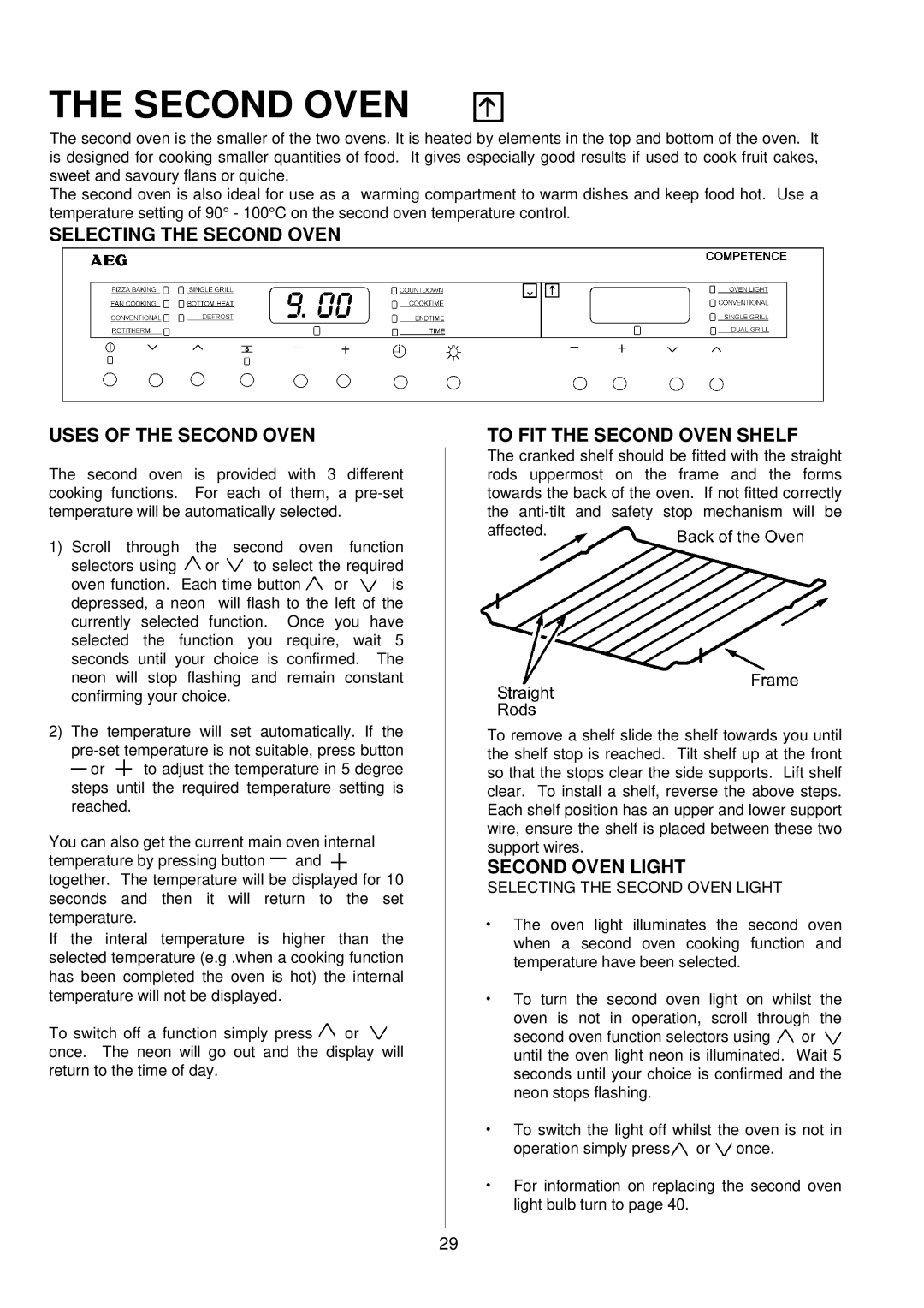 Electrolux D8100-1 Selecting the Second Oven Uses of the Second Oven, To FIT the Second Oven Shelf, Second Oven Light 