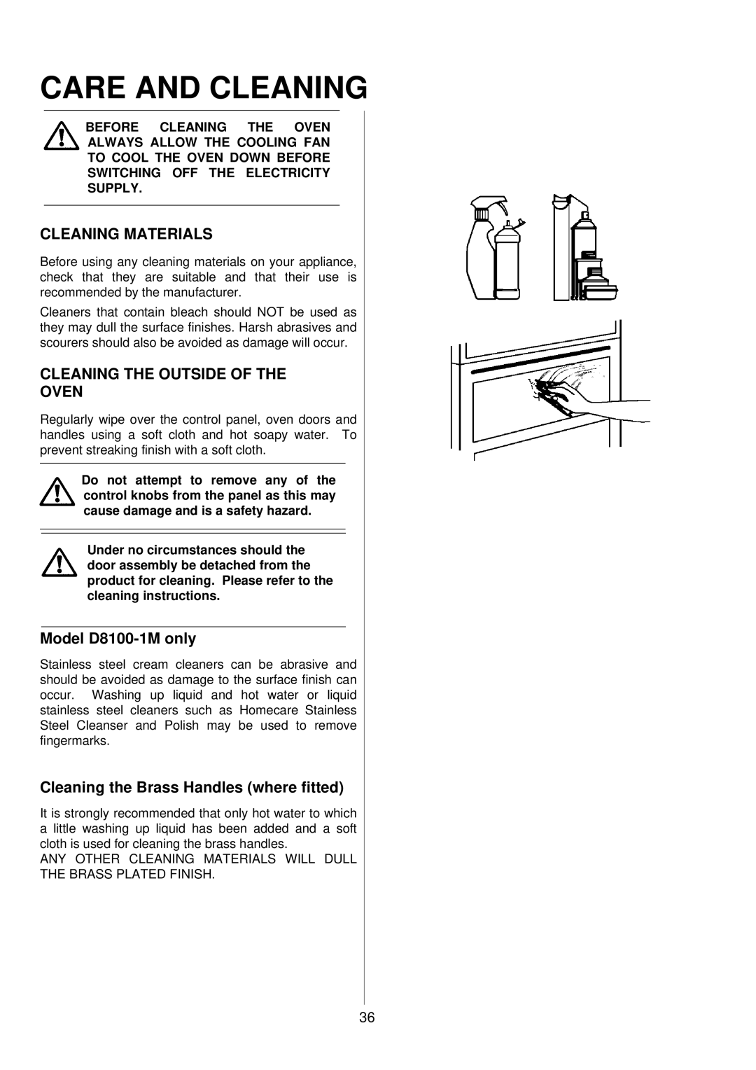 Electrolux D8100-1 operating instructions Care and Cleaning, Cleaning Materials, Cleaning the Outside of the Oven 