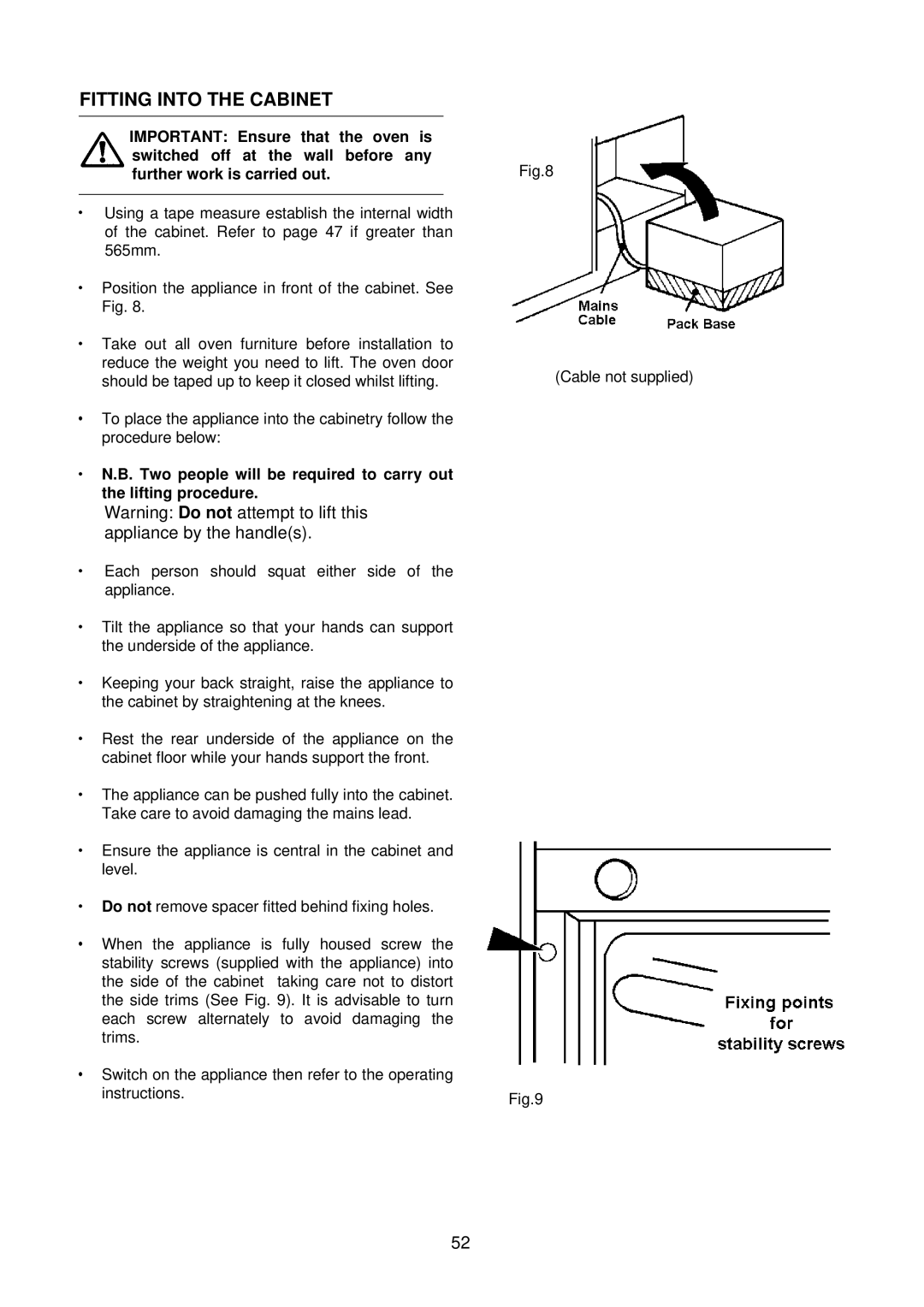 Electrolux D8100-1 operating instructions Fitting Into the Cabinet 