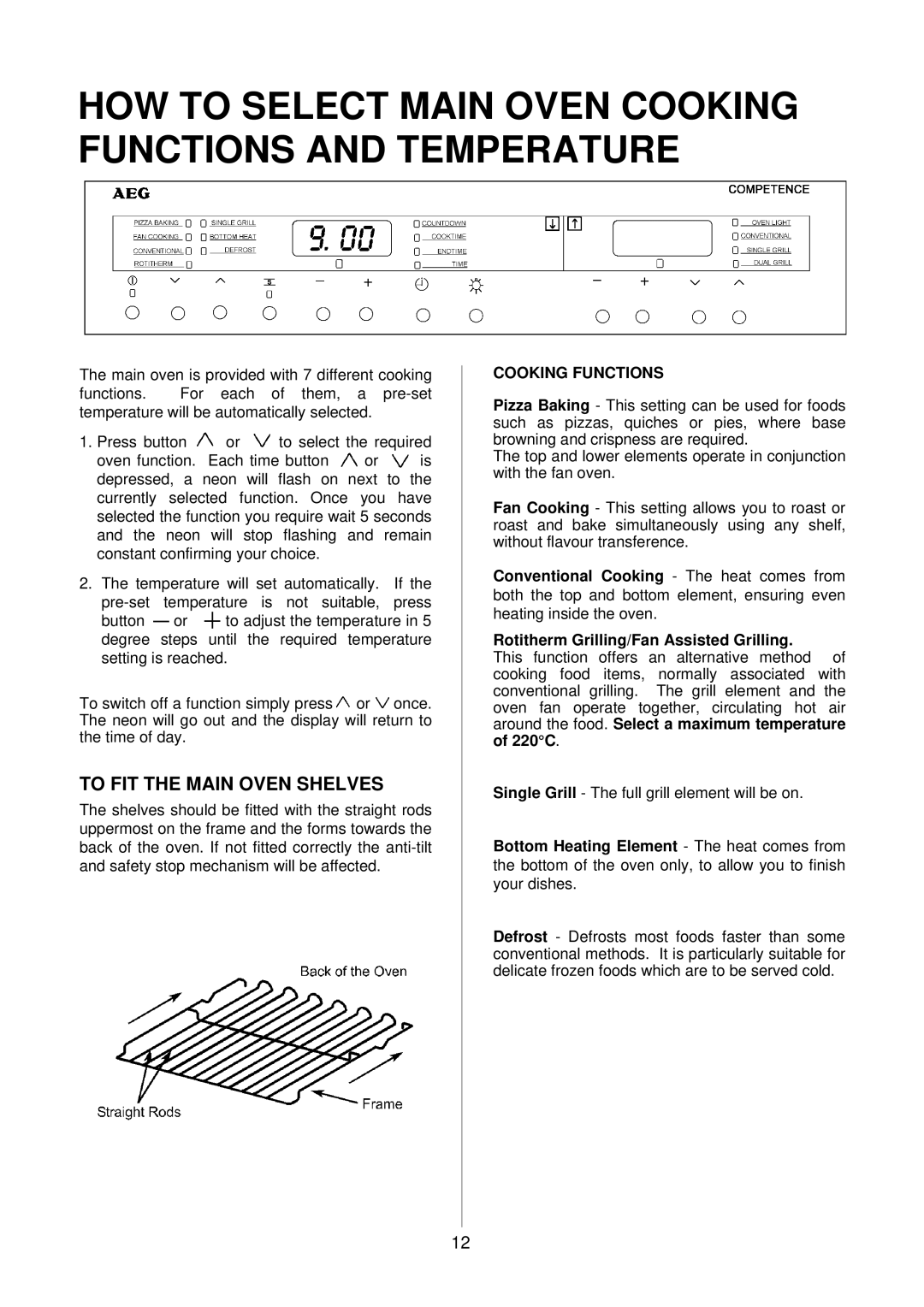 Electrolux D81000, D81005 HOW to Select Main Oven Cooking Functions and Temperature, To FIT the Main Oven Shelves 