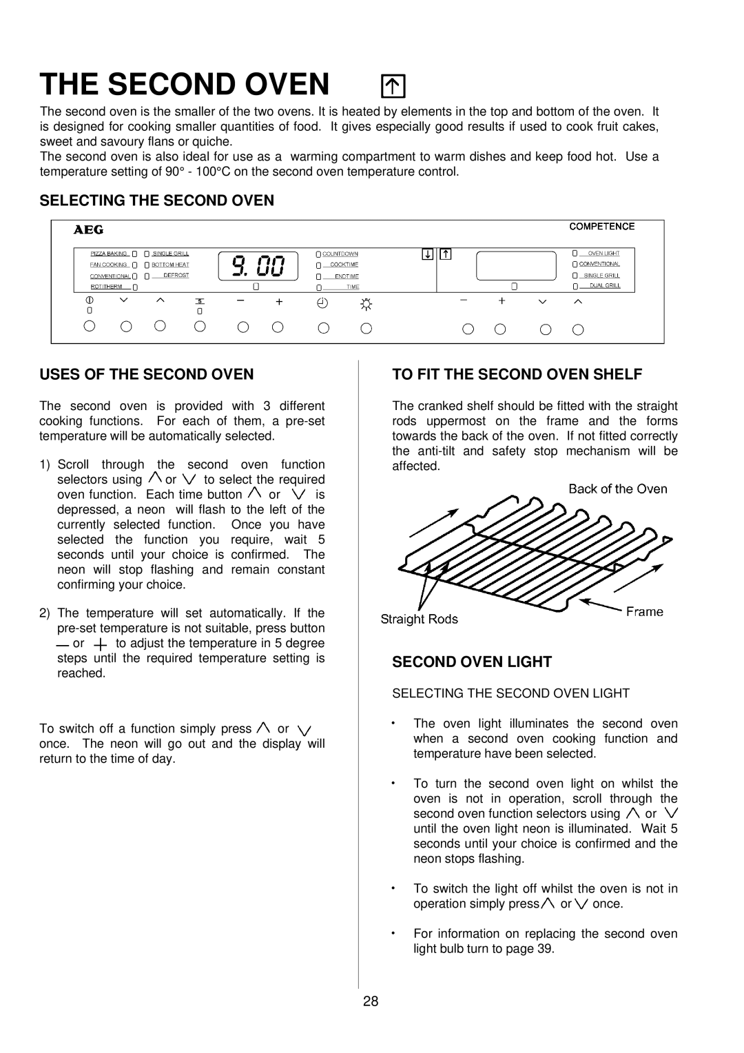 Electrolux D81000 Selecting the Second Oven Uses of the Second Oven, To FIT the Second Oven Shelf, Second Oven Light 