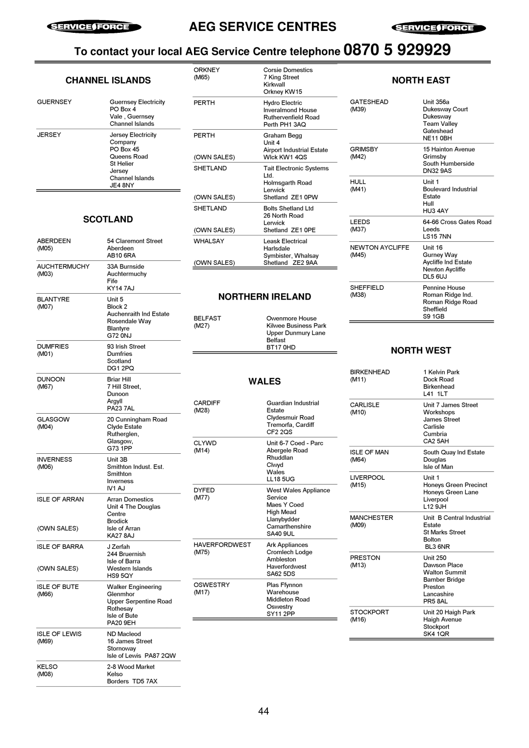 Electrolux D81000, D81005 installation instructions AEG Service Centres 