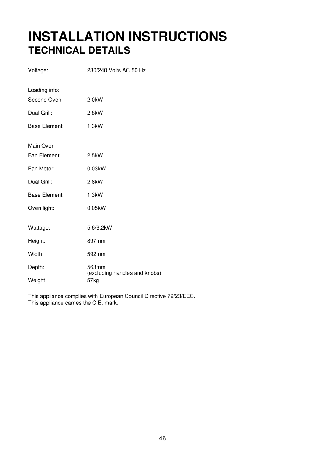 Electrolux D81000, D81005 installation instructions Installation Instructions, Technical Details 