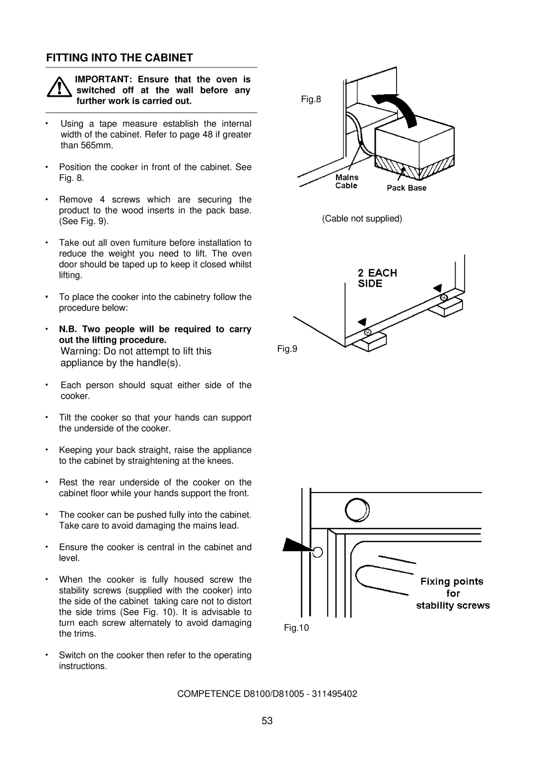 Electrolux D81005, D81000 installation instructions Fitting Into the Cabinet 