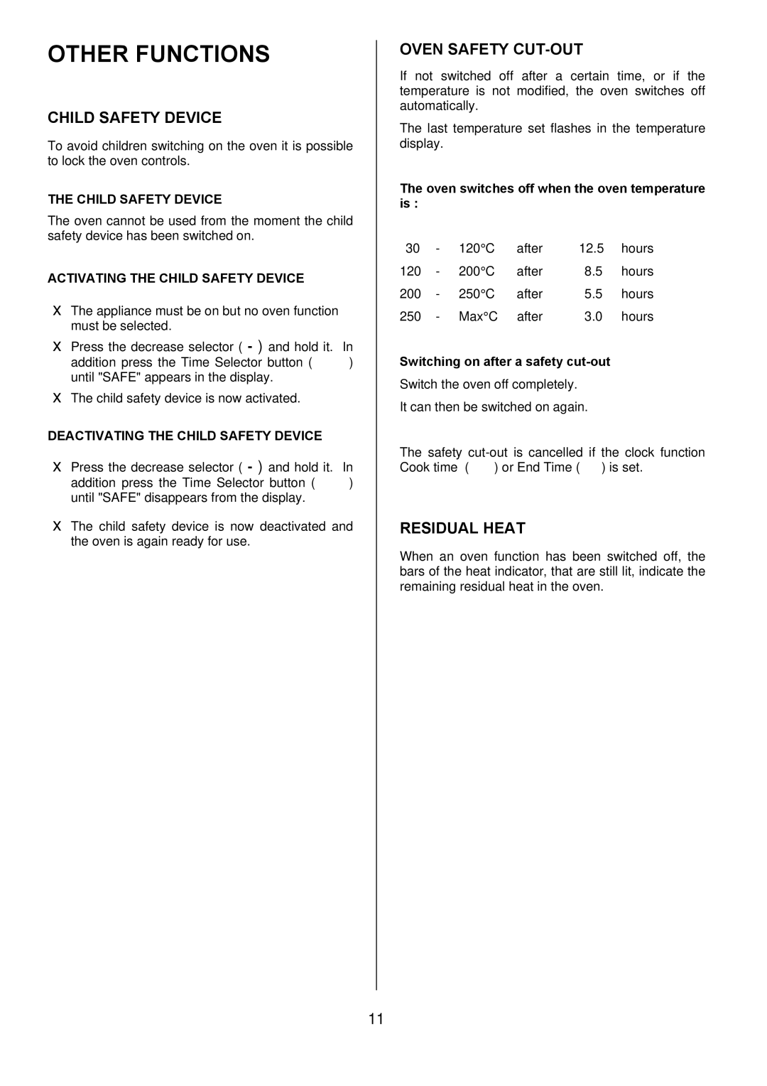 Electrolux D8800-4 operating instructions Other Functions, Child Safety Device, Oven Safety CUT-OUT, Residual Heat 