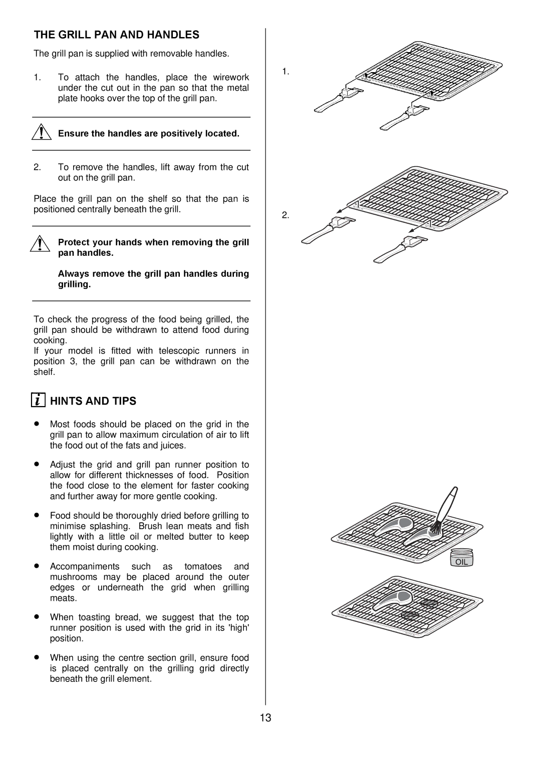 Electrolux D8800-4 operating instructions Grill PAN and Handles, Hints and Tips, Ensure the handles are positively located 