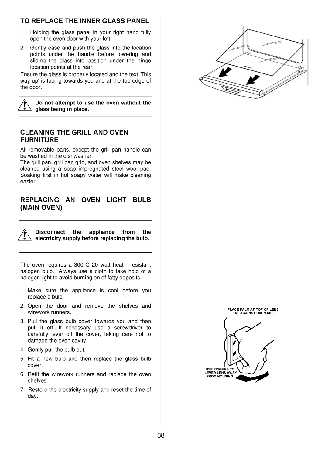 Electrolux D8800-4 operating instructions To Replace the Inner Glass Panel, Cleaning the Grill and Oven Furniture 