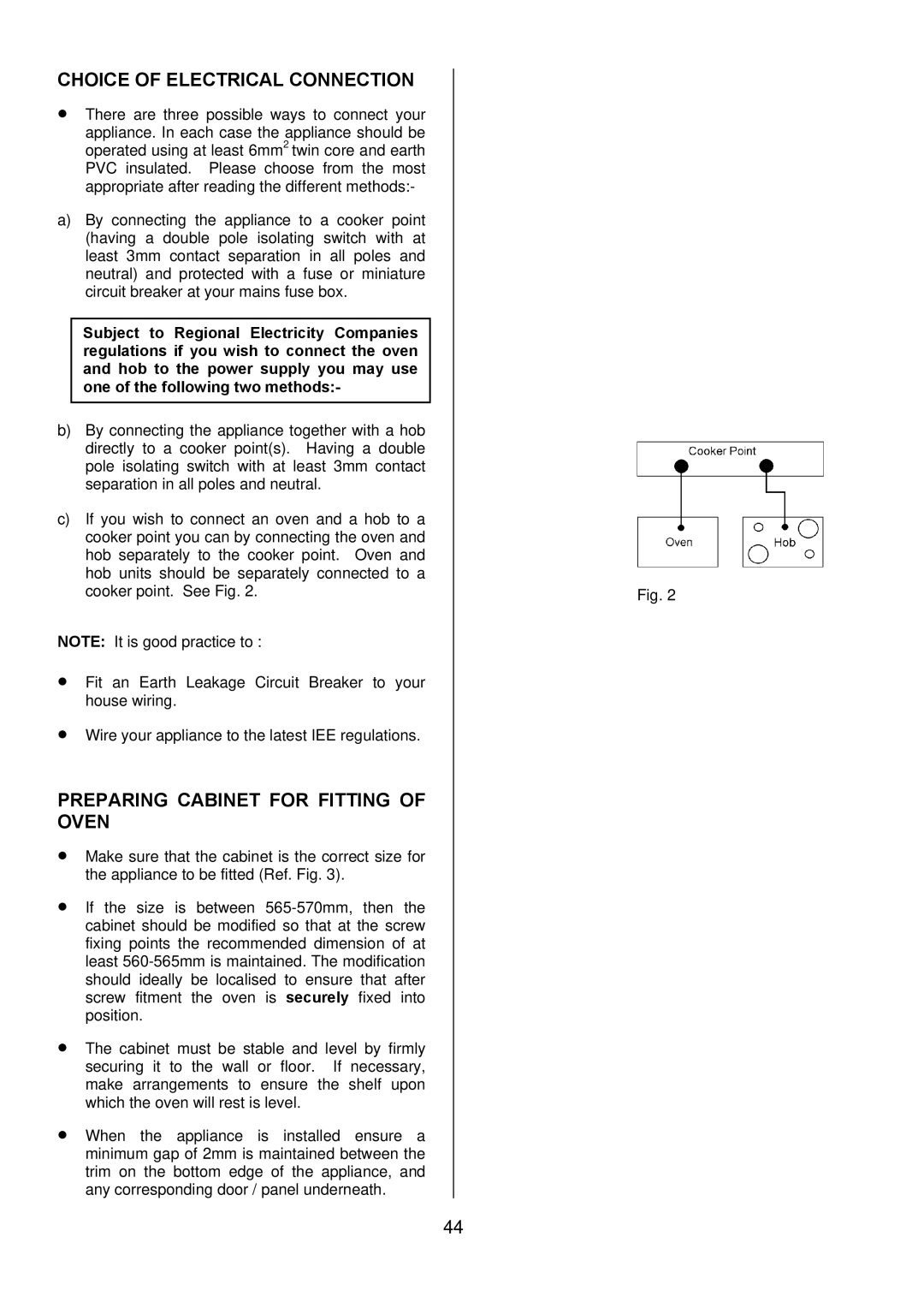 Electrolux D8800-4 operating instructions Choice of Electrical Connection, Preparing Cabinet for Fitting of Oven 