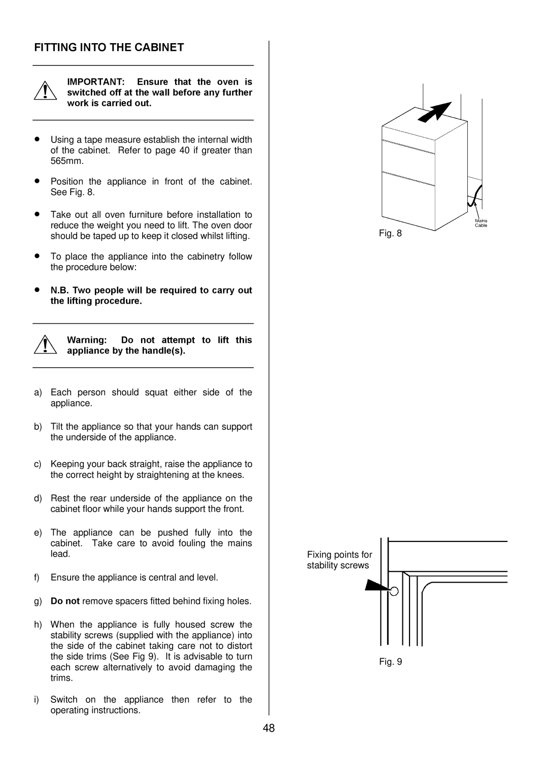 Electrolux D8800-4 operating instructions Fitting Into the Cabinet 